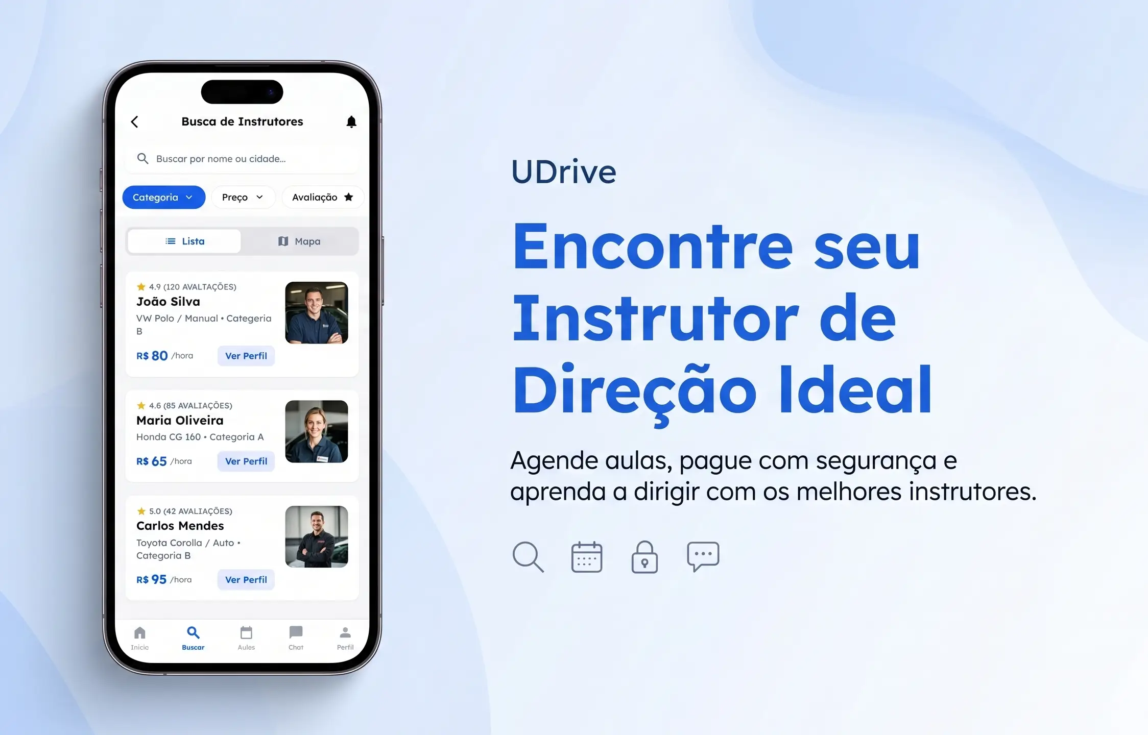 Tela do aplicativo UDrive mostrando busca por instrutores de trânsito credenciados para aulas de CNH